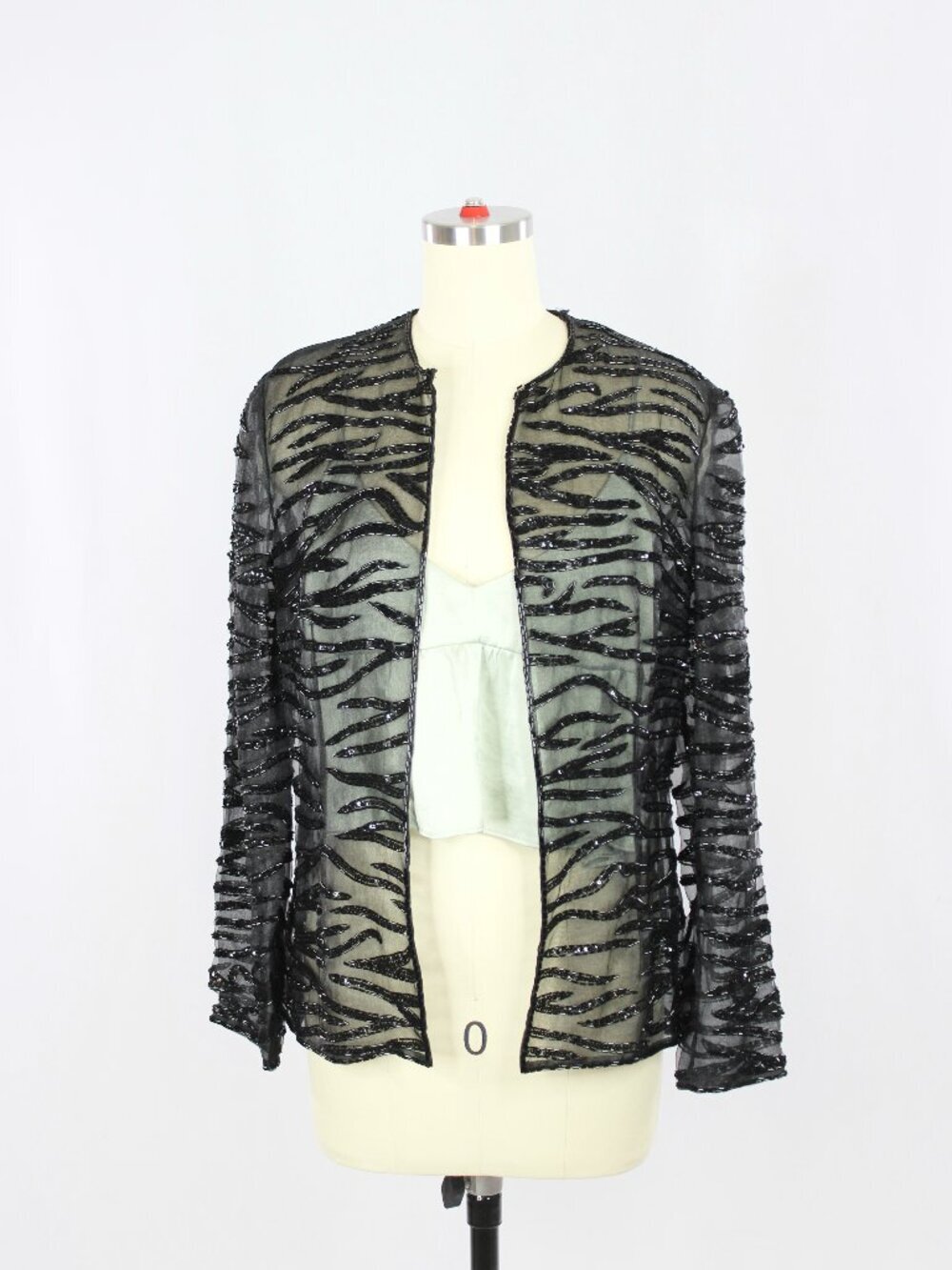 Vintage 80's DAYMOR COUTURE Black Beaded Tiger Stripe Organza Jacket, Size 6